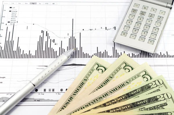 Aktiendiagramm-Bericht mit Taschenrechner, Stift und USD-Geld für Unternehmen — Stockfoto