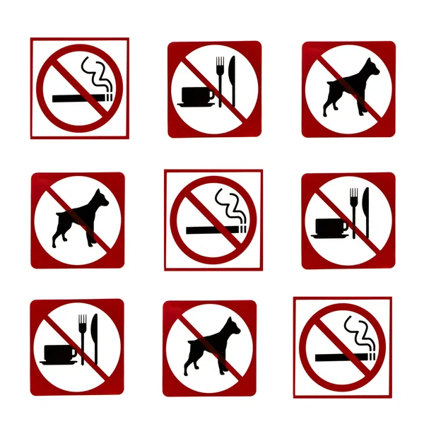 Prohibido No hay perro, No fumar, No hay señal de comida y bebida —  Fotos de Stock