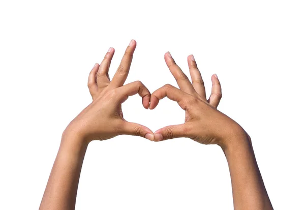 Las manos de la muchacha formando ser corazón para el amor sobre fondo blanco — Foto de Stock