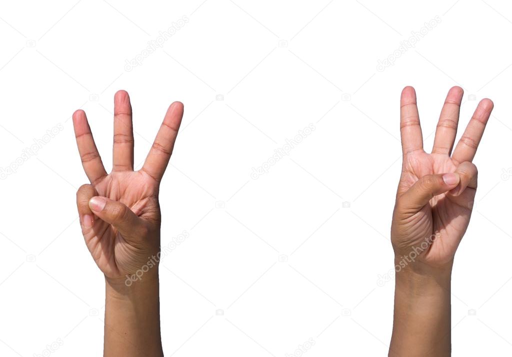 hands forming number 3 on white background