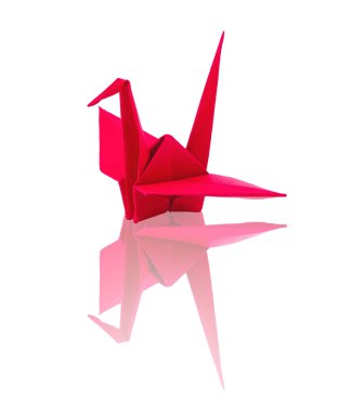 Beyaz arkaplanda Origami kırmızı kağıt kuşu