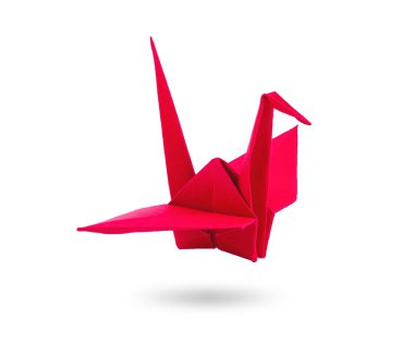 Beyaz arkaplanda Origami kırmızı kağıt kuşu