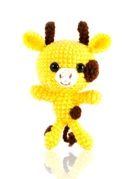 Handmade crochet yellow giraffe doll on white background — Stock Photo, Image