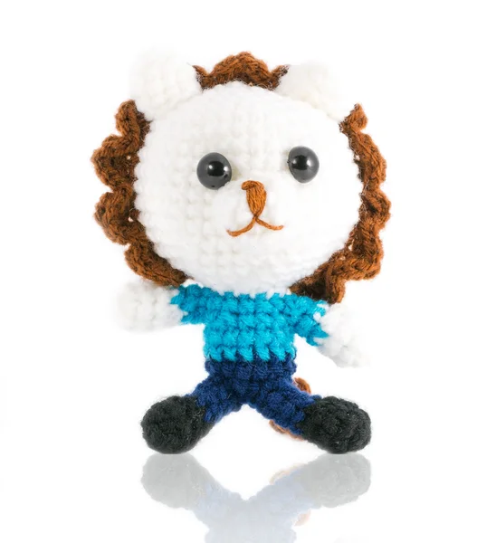 Handmade crochet white lion doll on white background — Stock Photo, Image