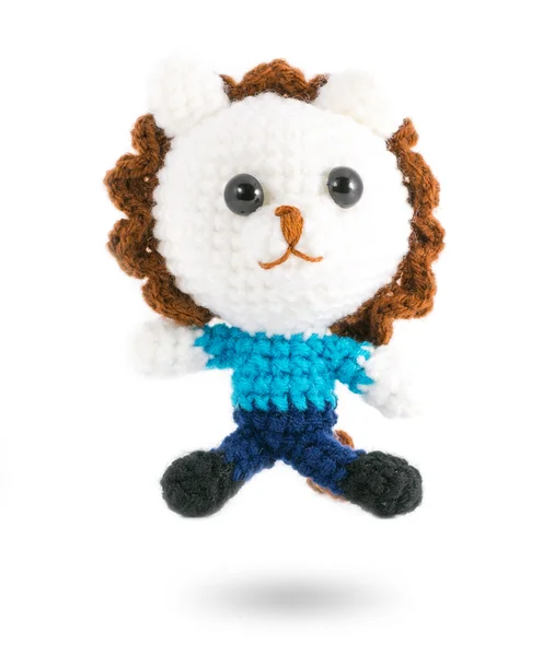 Handmade crochet white lion doll on white background — Stock Photo, Image