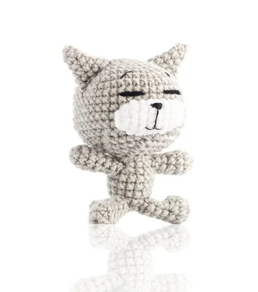 Handmade crochet gray cat doll on white background, right side — Stock Photo, Image