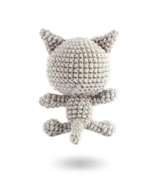 Handmade crochet gray cat doll on white background, back side — Stock Photo, Image