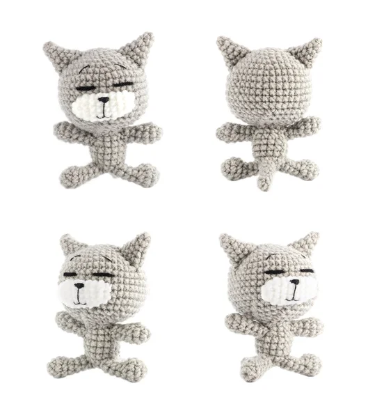 Set of handmade crochet gray cat doll on white background — Stock Photo, Image