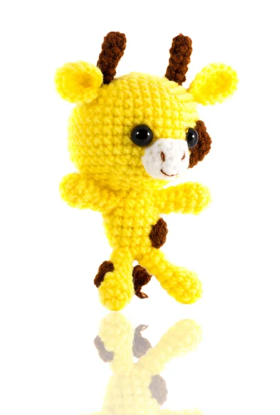 Handmade crochet yellow giraffe doll on white background, right — Stock Photo, Image