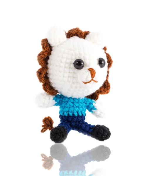 Handmade crochet white lion doll on white background, right side — 图库照片