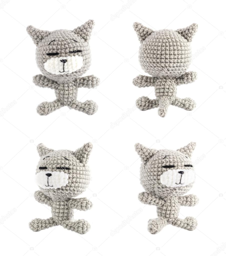 set of handmade crochet gray cat doll on white background