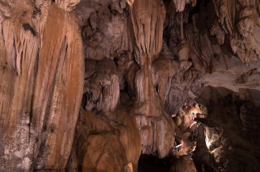 Kireçtaşı oluşumları Tham Jang veya Chang mağarada Vang Vieng, Laos