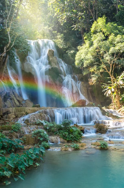 Beautiful waterfall with soft focus and rainbow in the forest — Stock Photo, Image