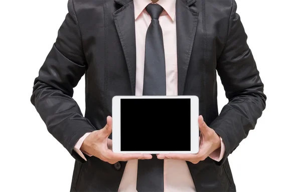 Empresário mostrando o tablet no fundo branco — Fotografia de Stock