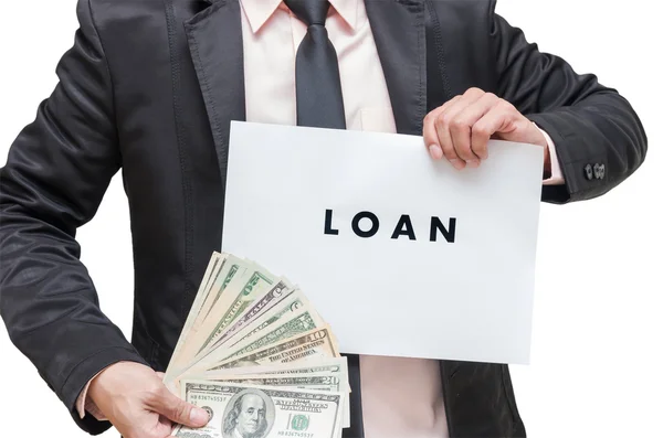 Businessman showing the LOAN sign with US dollar money on white — Stock Photo, Image