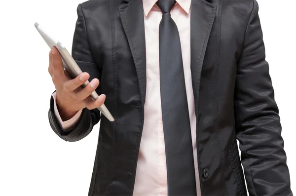 Biznesmen trzymając tabletkę na białym tle — Zdjęcie stockowe