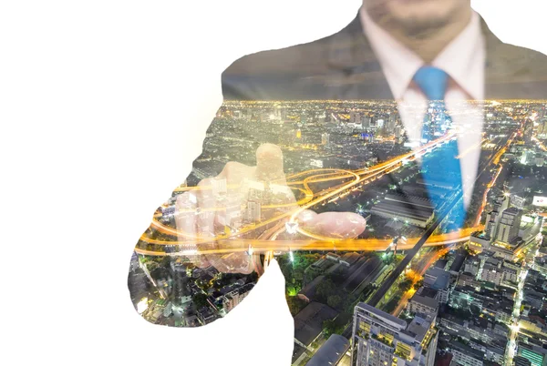 都市の景観を持ったビジネスマンの二重露光 — ストック写真