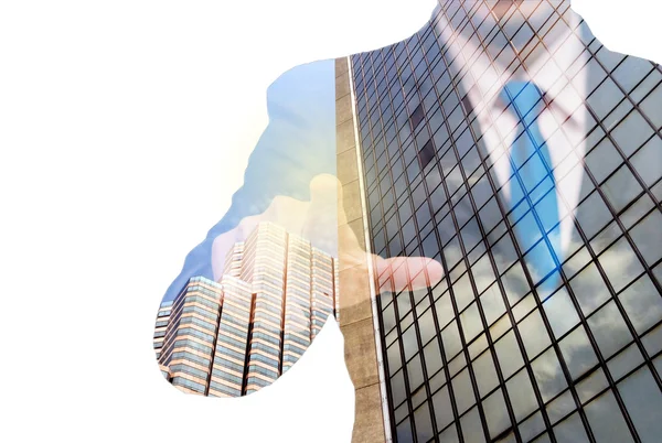 Double exposure of businessman with cityscape, Modern glass Busi — Stock Photo, Image