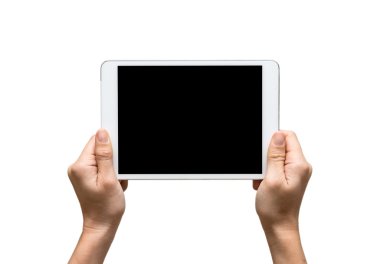 bir tablet dokunmatik bilgisayar gadget üzerinde beyaz bac tutan eller