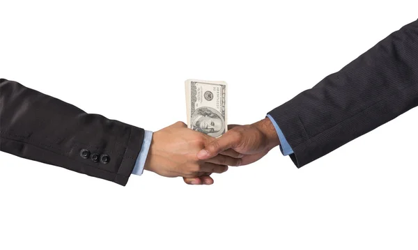 Hand shake between a businessman with dollar money on white back — Stock Photo, Image