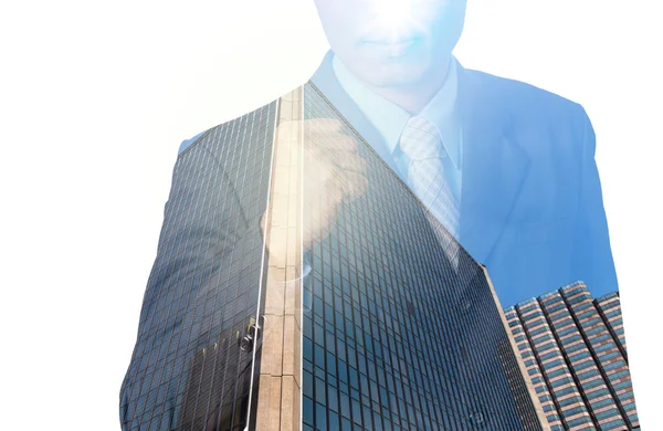 Двойная экспозиция бизнесмена с городским пейзажем, современное стекло Busi — стоковое фото