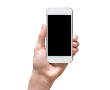Mobil akıllı telefon dokunmatik ekran üzerinde beyaz bac tutan el