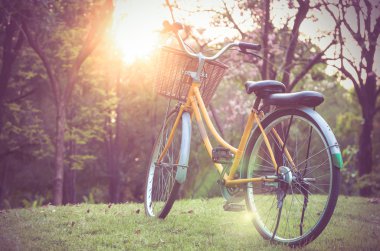 Gün batımında klasik Bisiklet park veya derin orman