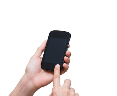 Mobil akıllı telefon dokunmatik ekran üzerinde beyaz bac tutan el