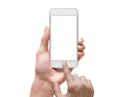 Mobil akıllı telefon dokunmatik ekran üzerinde beyaz bac tutan el