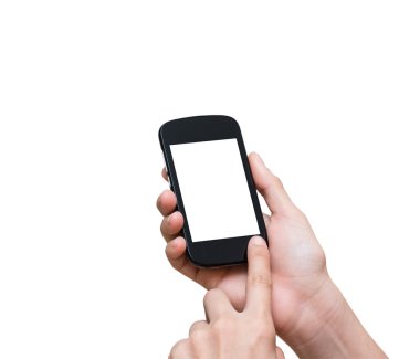 Mobil akıllı telefon dokunmatik ekran üzerinde beyaz bac tutan el