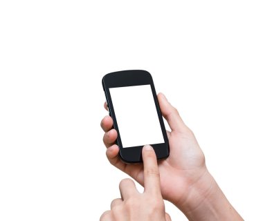 Mobil akıllı telefon dokunmatik ekran üzerinde beyaz bac tutan el