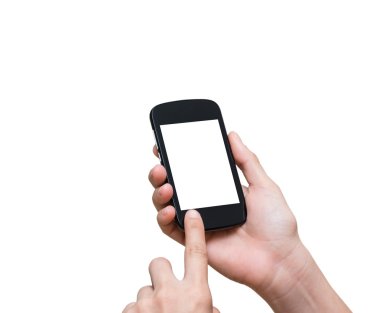 Mobil akıllı telefon dokunmatik ekran üzerinde beyaz bac tutan el