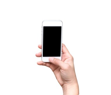 Mobil akıllı telefon dokunmatik ekran üzerinde beyaz bac tutan el