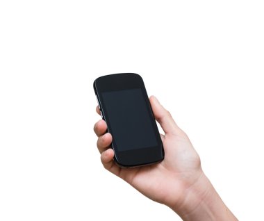 Mobil akıllı telefon dokunmatik ekran üzerinde beyaz bac tutan el