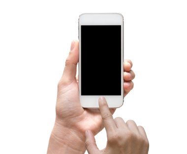 Mobil akıllı telefon dokunmatik ekran üzerinde beyaz bac tutan el