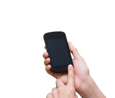 Mobil akıllı telefon dokunmatik ekran üzerinde beyaz bac tutan el