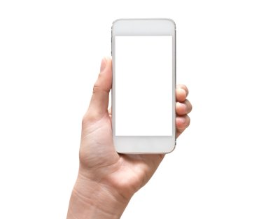 Mobil akıllı telefon dokunmatik ekran üzerinde beyaz bac tutan el