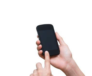 Mobil akıllı telefon dokunmatik ekran üzerinde beyaz bac tutan el
