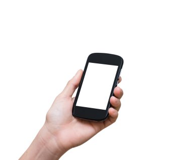 Mobil akıllı telefon dokunmatik ekran üzerinde beyaz bac tutan el