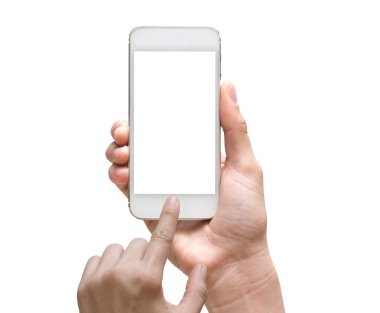 Mobil akıllı telefon dokunmatik ekran üzerinde beyaz bac tutan el