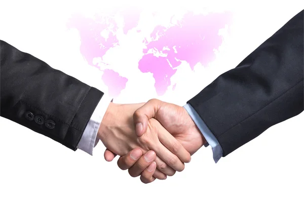 Hand shake between a businessman and a businesswoman on world ma — Stock Photo, Image