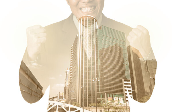 Double exposure of businessman with cityscape, Modern glass Busi