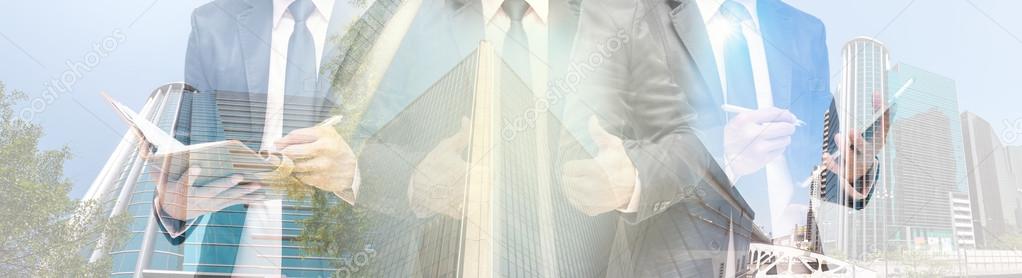 Double exposure of businessman with cityscape, Modern glass Busi