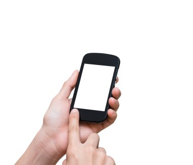 Mobil akıllı telefon tutarak el dokunmatik ekran beyaz zemin üzerine, kırpma yolunu ekle