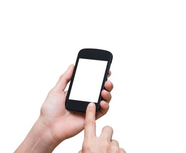 Mobil akıllı telefon tutarak el dokunmatik ekran beyaz zemin üzerine, kırpma yolunu ekle