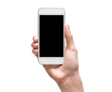 Mobil akıllı telefon tutarak el dokunmatik ekran beyaz zemin üzerine, kırpma yolunu ekle
