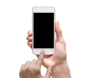 Mobil akıllı telefon tutarak el dokunmatik ekran beyaz zemin üzerine, kırpma yolunu ekle