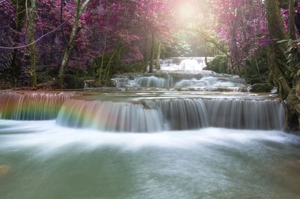 Hermosa cascada en suave enfoque con arco iris en el bosque — Foto de Stock
