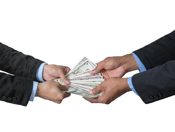 Businessman recieving the money offered by businessman on white — Stock Photo, Image