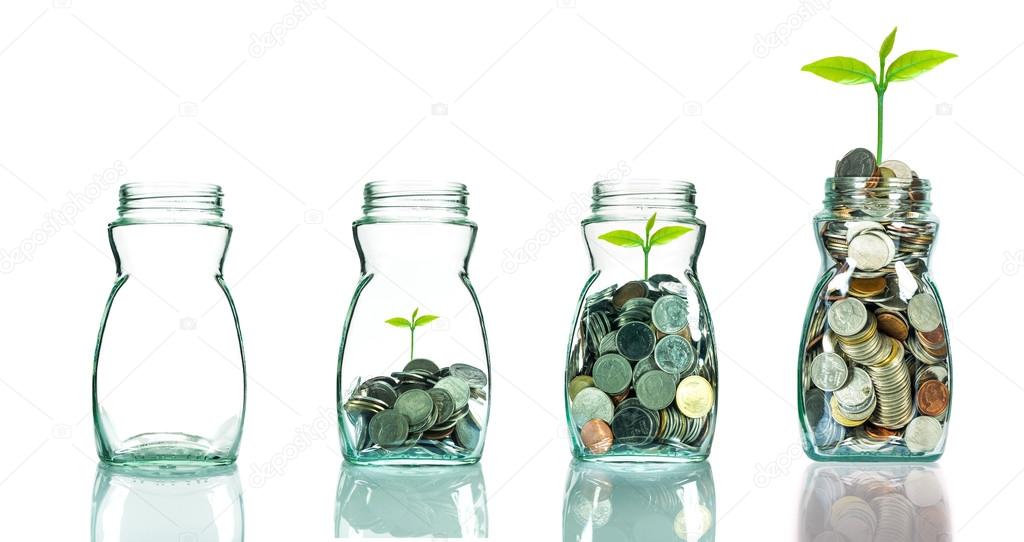 Mix coins and seed in clear blottle on white background,Business